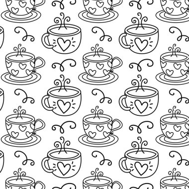 Kusursuz desenli şirin nesneler ve Sevgililer Günü için elementler. Aşıklar için şeker, çay içmek. Çizim, boyama sayfası