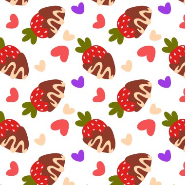 Çikolatalı çileğin kusursuz deseni. Sevgililer Günü için şenlikli bir zemin.