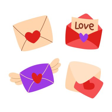Bir dizi aşk mektubu, içinde kalp olan bir zarf, açık bir zarf, kanatlı bir zarf. Sevgililer Günü için Şirin Zarf