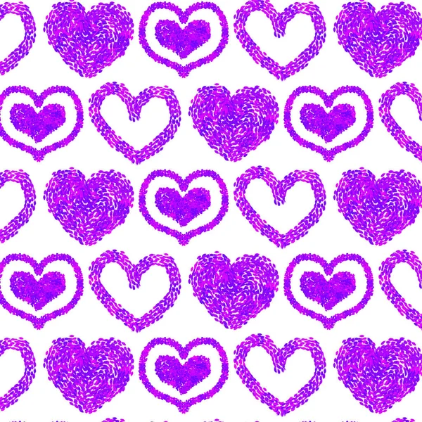 白色背景手绘心形无缝图案 用于情人节装饰 紫心手绘在白色背景上的纹理刷子 用于包装纸 纺织品印花 — 图库矢量图片