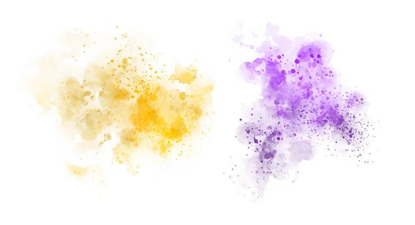 Taches Éclaboussures Aquarelle Colorées Jaune Violet Avec Des Traits Des — Image vectorielle