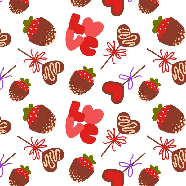 Seamless Pattern Sweets Valentine Day Chocolate Covered Strawberries Candy Love — Stock Vector