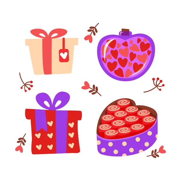 Elementos Del Día San Valentín Diferentes Objetos Románticos Ilustración Vectorial — Vector de stock
