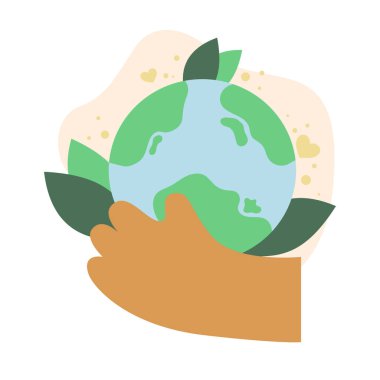 Dünyayı tutan kocaman bir el. Çevre koruma ve doğa koruma konulu konsept simgelerinin vektör illüstrasyonu.