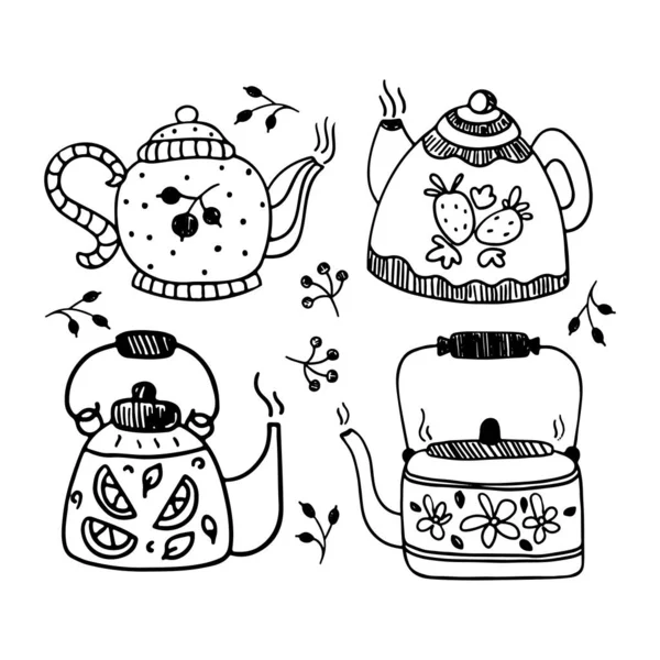 Коллекция Чайников Векторный Рисунок Вручную Керамические Стеклянные Фарфоровые Иконы Посуды — стоковый вектор