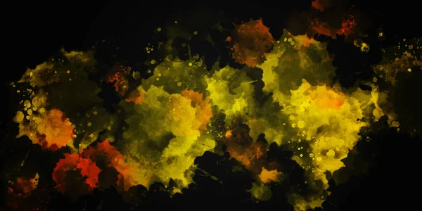 Abstracte Donkere Achtergrond Aquarel Spatten Druppels Gele Oranje Tinten — Stockvector