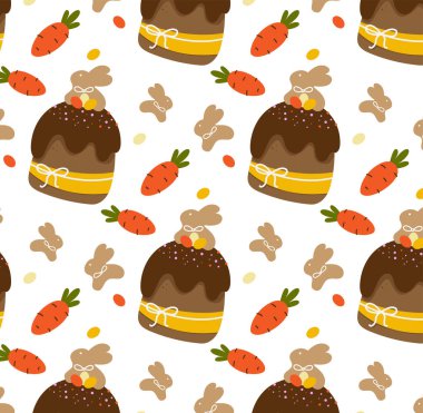 Komik şekerli paskalya aroması. Kek, pasta, paskalya sembollü tatlı. Tavşan, havuç. Çikolata jöleli. Çocuk vektör arkaplanı