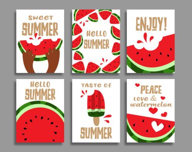 El ilanları, posterler, afişler, posterler, kartlar, broşürler. Karpuz parçaları. Çekirdekli karpuz dokusu. Yaz Vektörü illüstrasyonu.
