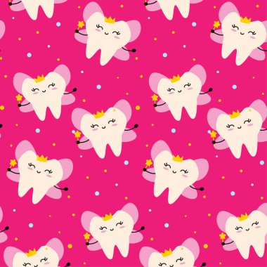 Pembe arka planda sihirli değnek tutan sevimli diş perisi çizgi film karakteri. 