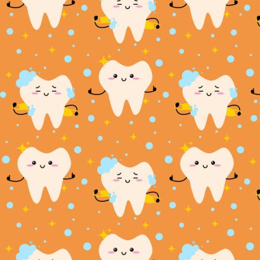 Turuncu arka planda köpüklü şirin dişli vektör desenli çizgi film karakteri çocuk diş illüstrasyonu