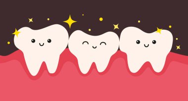 Şirin çizgi film vektör karakterleri mutlu temiz dişler. Sakızlı sağlıklı insan dişleri. Çocuk dişçiliği sağlık bakımı için şablonlar.