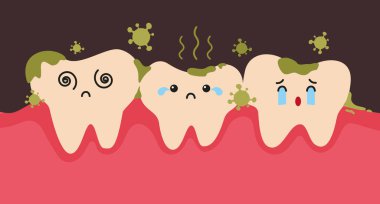 Pis dişli çizgi film karakteri, yemek yiyor ve nefesi kötü kokuyor. Kokmuş ağız konsepti vektör çizimi.