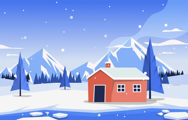 Bonita Aldeia Casa Montanha Inverno Neve Paisagem — Vetor de Stock