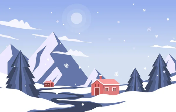 Bonita Aldeia Casa Montanha Inverno Neve Paisagem —  Vetores de Stock