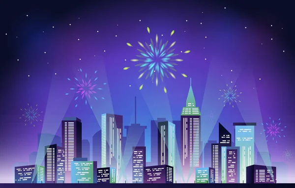Feliz Ano Novo City Building Cityscape Fogos Artifício —  Vetores de Stock