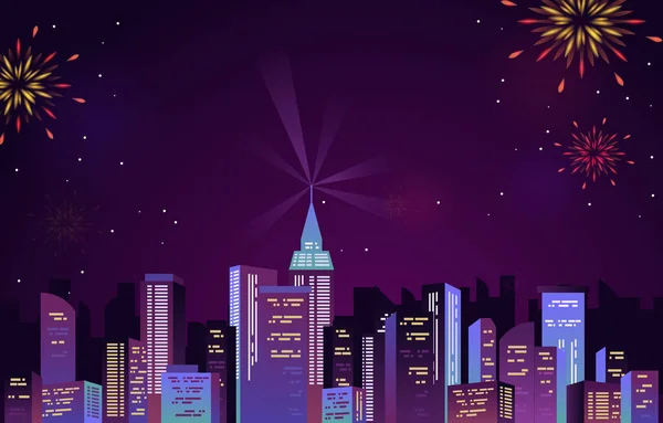 Frohes Neues Jahr City Building Stadtbild Feuerwerk Party — Stockvektor