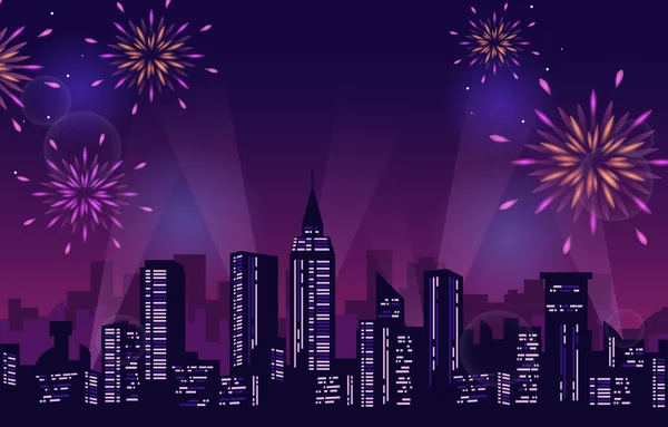 Feliz Ano Novo City Building Cityscape Fogos Artifício —  Vetores de Stock