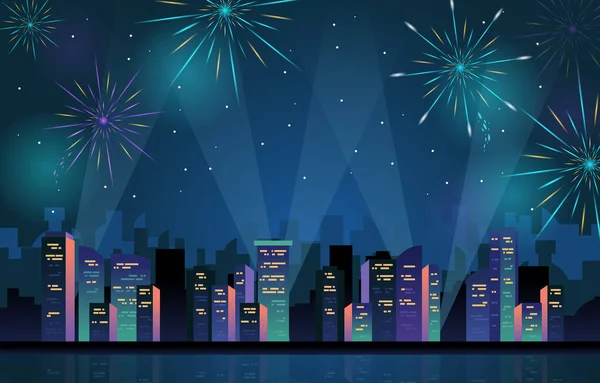 Frohes Neues Jahr Stadt Gebäude Stadtbild Feuerwerk Wasser Reflexion — Stockvektor