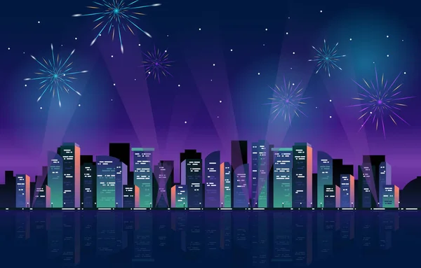 新年明けましておめでとうございます Cityscape Fireworks水の反射 — ストックベクタ