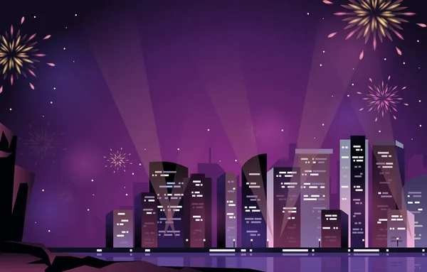 新年明けましておめでとうございます Cityscape Fireworks水の反射 — ストックベクタ