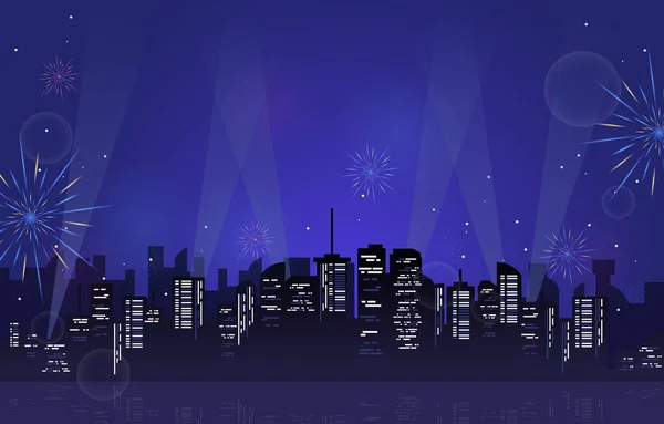 Новорічним Будівництвом Cityscape Fireworks Water Reflection — стоковий вектор