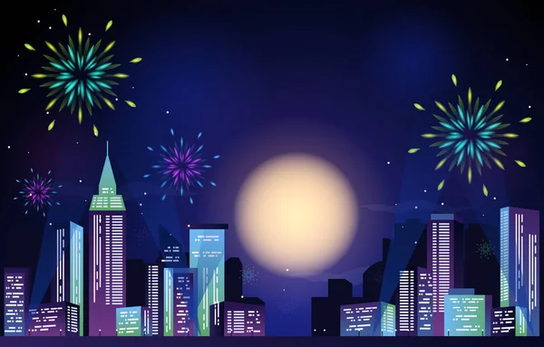 新年明けましておめでとうございます 都市景観花火大会満月 — ストックベクタ