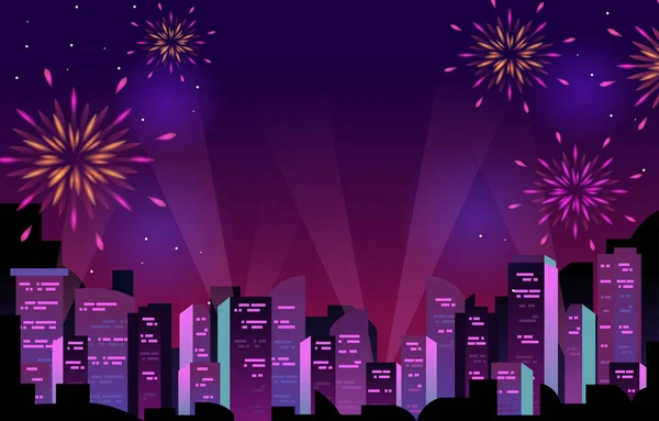 Feliz Año Nuevo Ciudad Edificio Paisaje Urbano Fireworks Party — Vector de stock