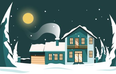 House Home in Night Snow Fall Winter Illustration