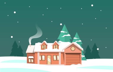 House Home in Night Snow Fall Winter Illustration clipart