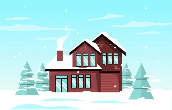 Casa Casa Pinheiro Queda Neve Ilustração Inverno — Vetor de Stock