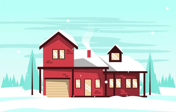 Casa Casa Pino Nieve Otoño Invierno Ilustración — Vector de stock
