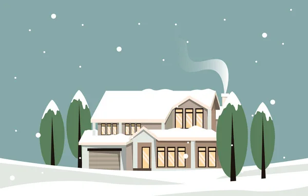 Casa Home Albero Nella Neve Autunno Inverno Illustrazione — Vettoriale Stock