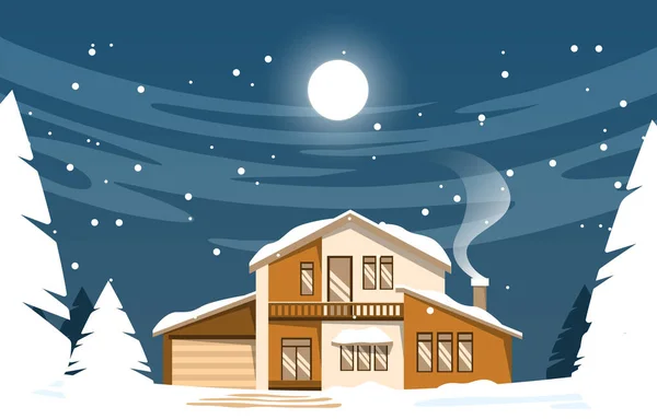 Casa Casa Noite Snow Fall Winter Illustration —  Vetores de Stock