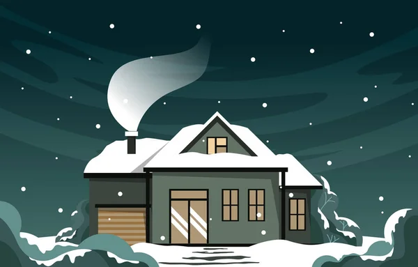 Casa Casa Notte Neve Autunno Inverno Illustrazione — Vettoriale Stock