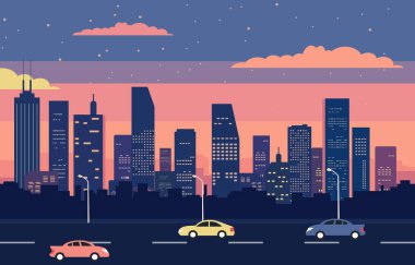 Şehir Binası Manzarası Düz Tasarım Çizimi ile Trafik Yolu