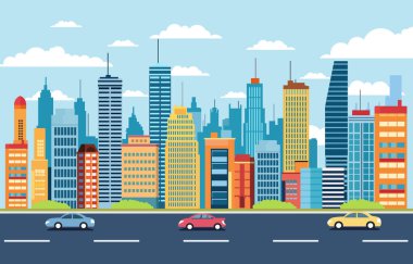 Kentte Gökdelenler Düz Tasarım Resimleriyle Trafik Yolu