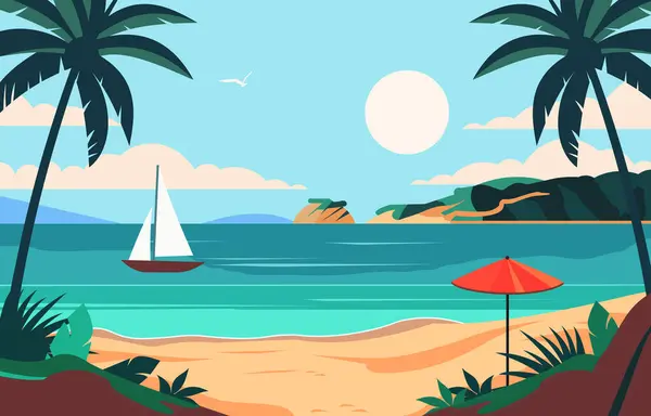 Flat Design of Beach Landscape in Summer with Boat Sailing on the Sea