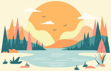Yazın Büyük Güneş 'le Göl Nehir Manzarası' nın Vektör Çizimi