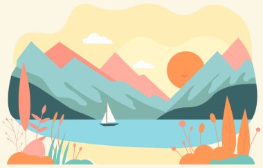 Vector Illustration Design of Mountain View in Summer with Boat Sefer on the Sea