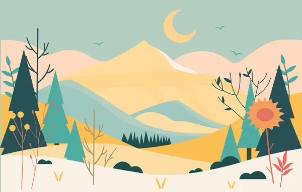 Flat Design Illustration of Mountain Nature Landscape in Spring with Crescent Moon