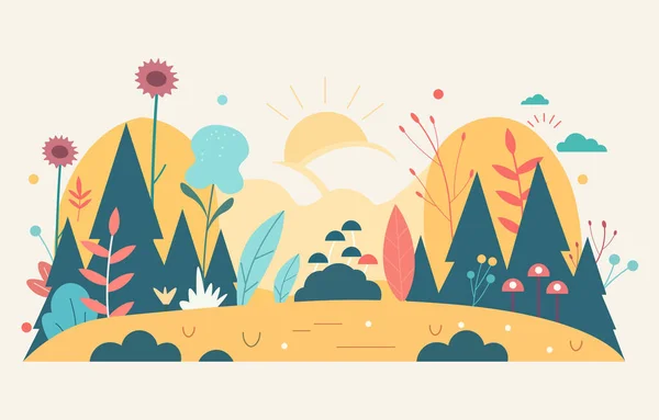 Flat Design of Beautiful Nature Landscape in Summer with Tree Plants in Spring