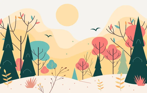 Flat Design Illustration of Beautiful Nature Landscape in Summer with Pine Trees and Plants