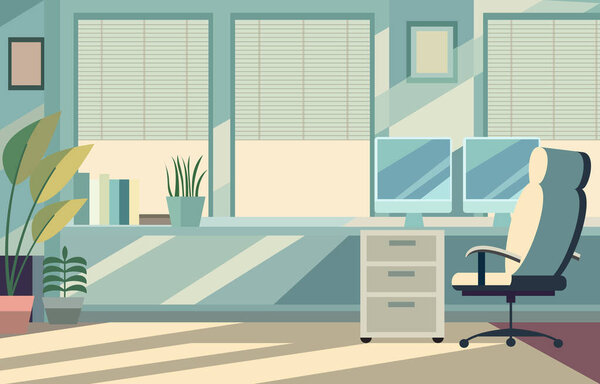 Ilustración Diseño Plano Sala Oficina Con Ventana Grande Muebles Modernos — Vector de stock
