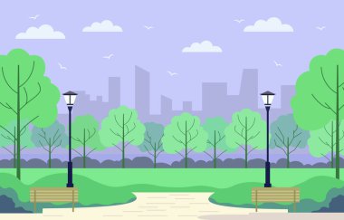 Şehir parkında banklı Yeşil Ağaçların Doğa Manzarası Vektör Tasarımı