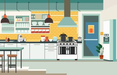 Mutfak Utensilleri ve Yemek Masası ile Restoranda Modern Mutfak İçinin Düz Tasarımı