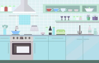 Depolama Rafları ve Fırını olan Restoranda Modern Mutfak İçinin Düz Tasarımı