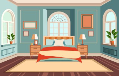 Süslü Evdeki Yatak Odasının Düz Tasarımı ve Yatak Mobilyası Penceresi