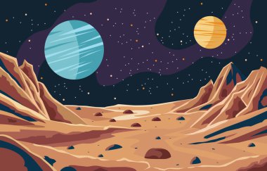 Dış uzayda Kaya Taşı ile Gezegen yüzeyinin Düz Tasarımı