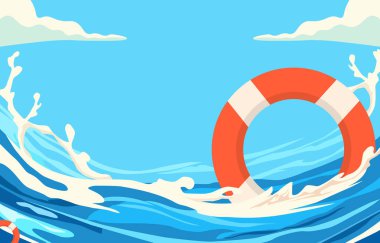 Plaj Denizi 'nde Yaz Suyu Arkaplanı Mavi Gökte Yaşam Şamandırası