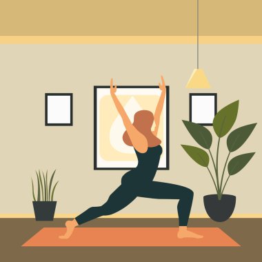 Kadın Düz Tasarım Çizimi Evde Yoga Poz Spor Meditasyonu Uygulıyor